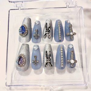 blue/silver rabbit diamond glitter press on nails|party nails|with glue